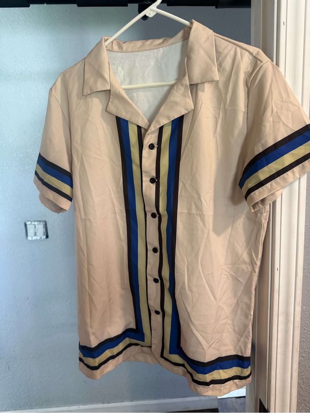Beige Short-Sleeve Button-Down Shirt and Short Set Blue and Olive Stripe Panel